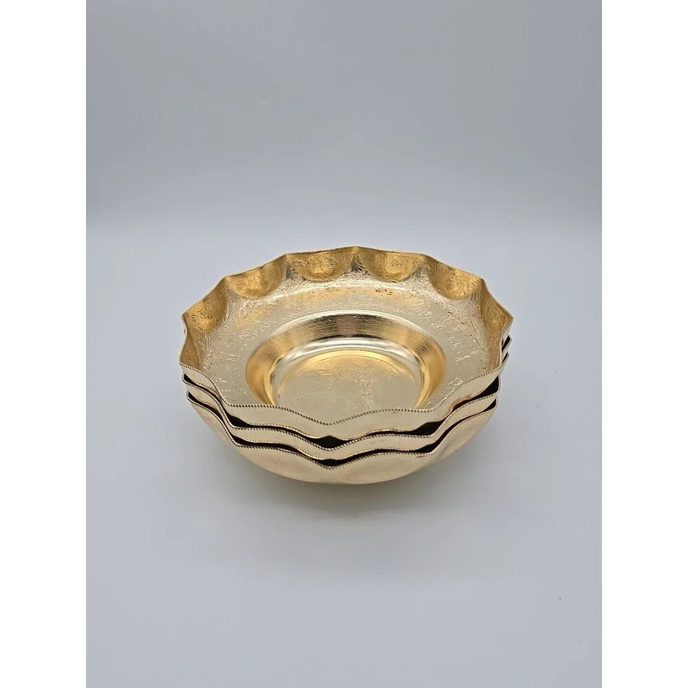 VTG 3 Kalian NYC Gold Aluminum Bowls Dishes Italy Scalloped Edge Intricate
